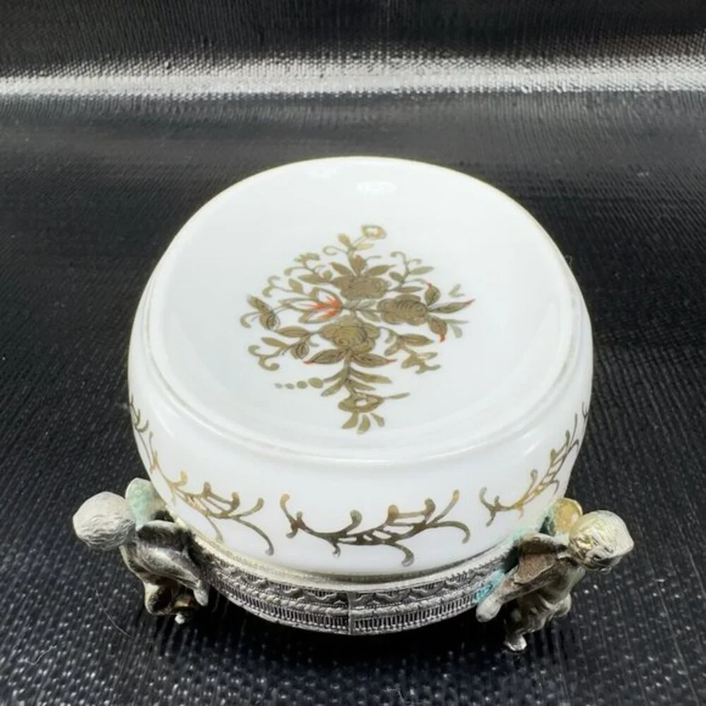 Vintage TAJ Japan Metal Cherubs Footed Porcelain Soap Dish Trinket Dish Holder‎